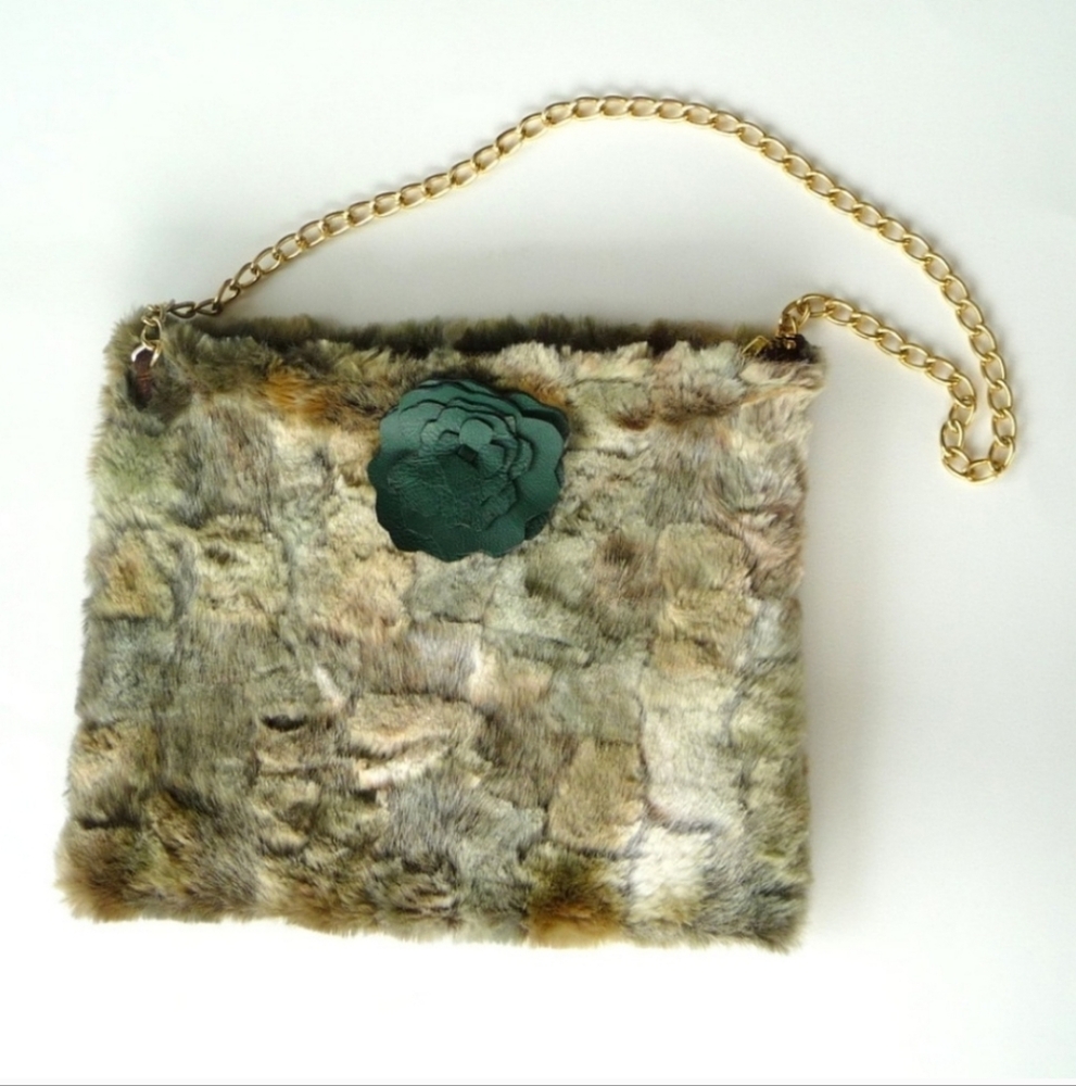 Camo Faux Fur Soft Shoulder Bag Gold Chain Fairycore Rustic Celtic Green Brown
